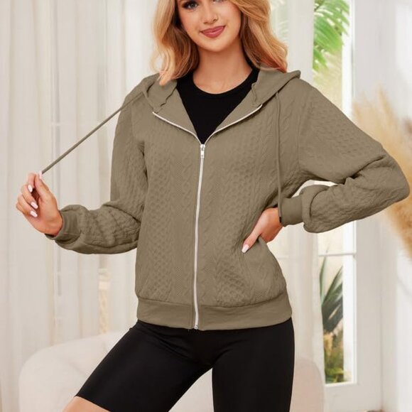 Khaki Women's Lightweight Long Sleeve Zip Up Crochet Knit Sweater Jacket for Fal - Picture 5 of 7